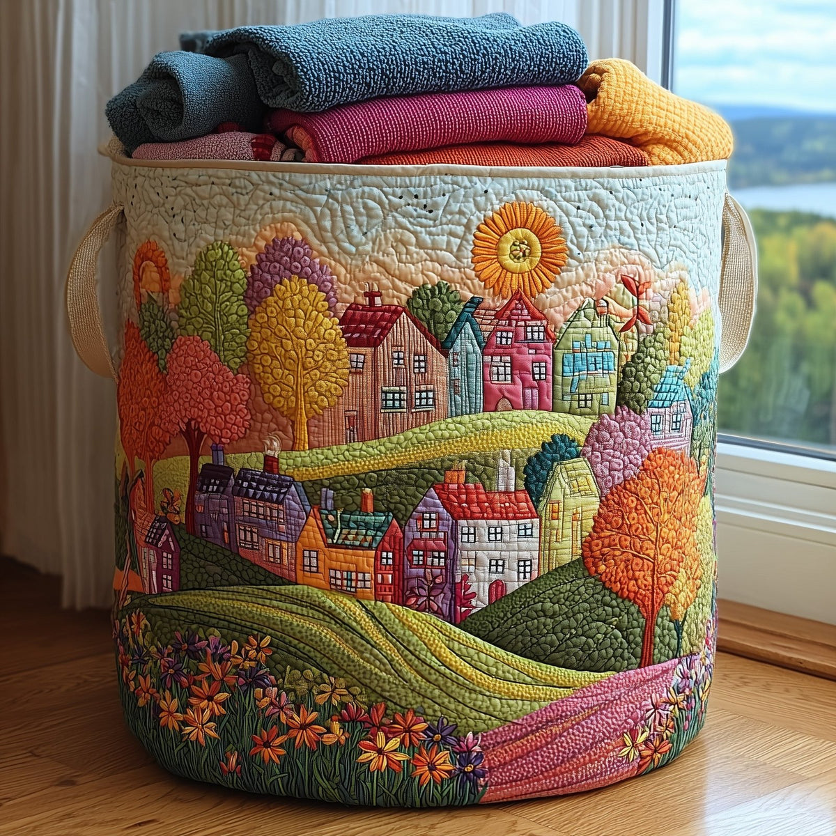Spring Hillside Quilted Laundry Hamper printed laundry hamper