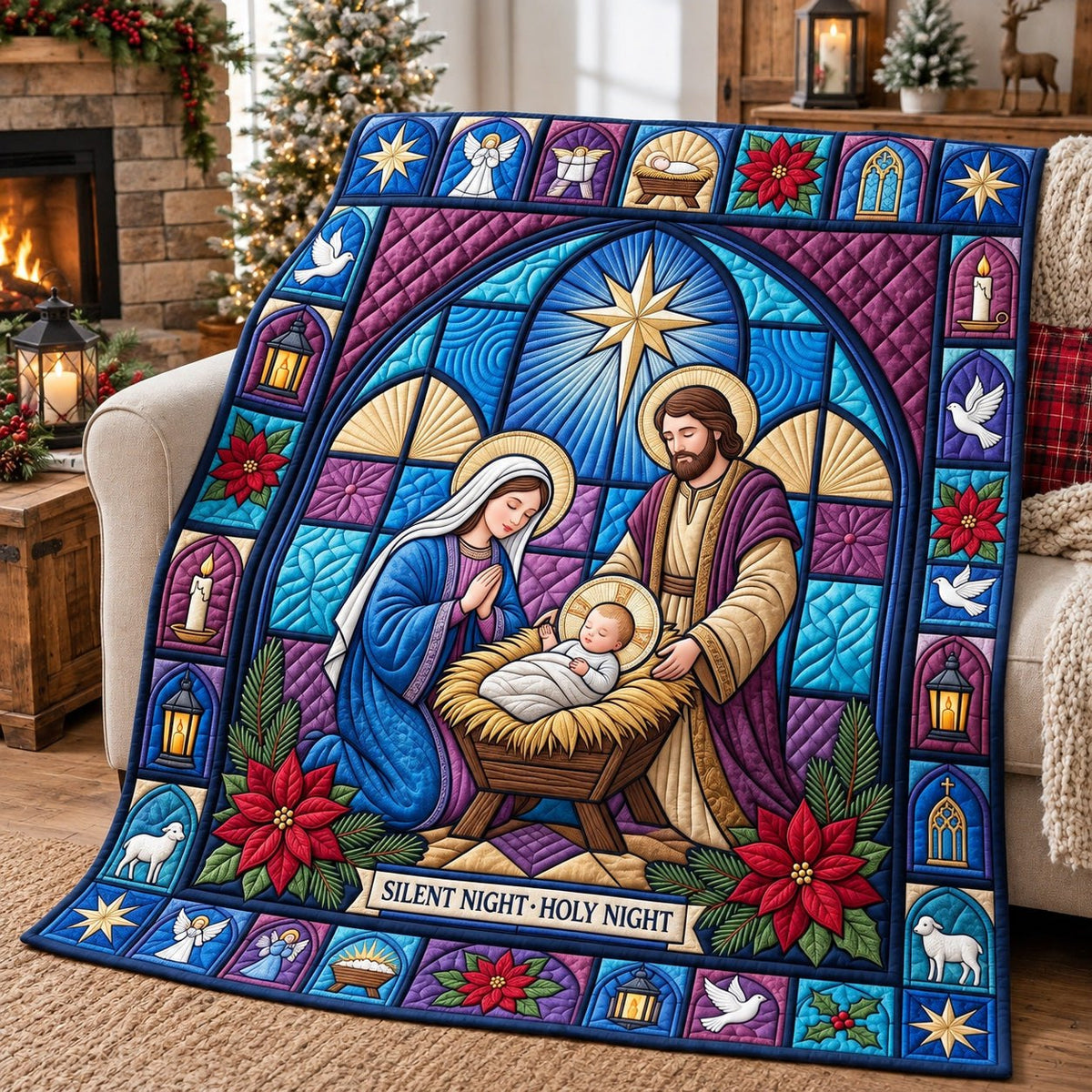Stained Glass Nativity Quilted Blanket printed blanket