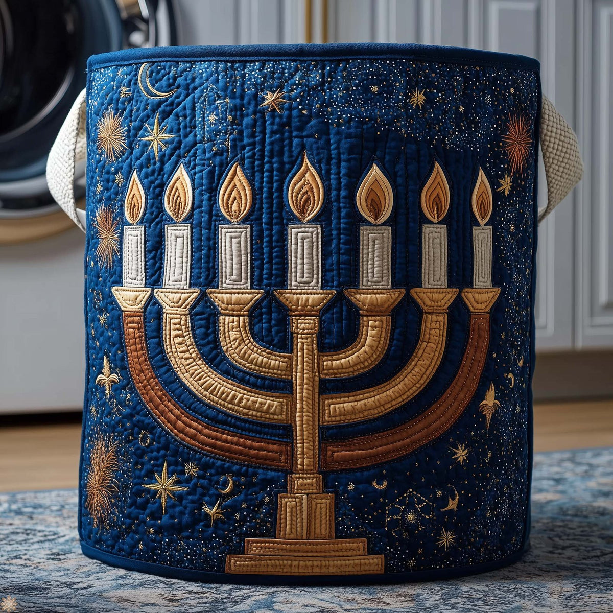 Starry Menorah Quilted Laundry Hamper printed laundry hamper