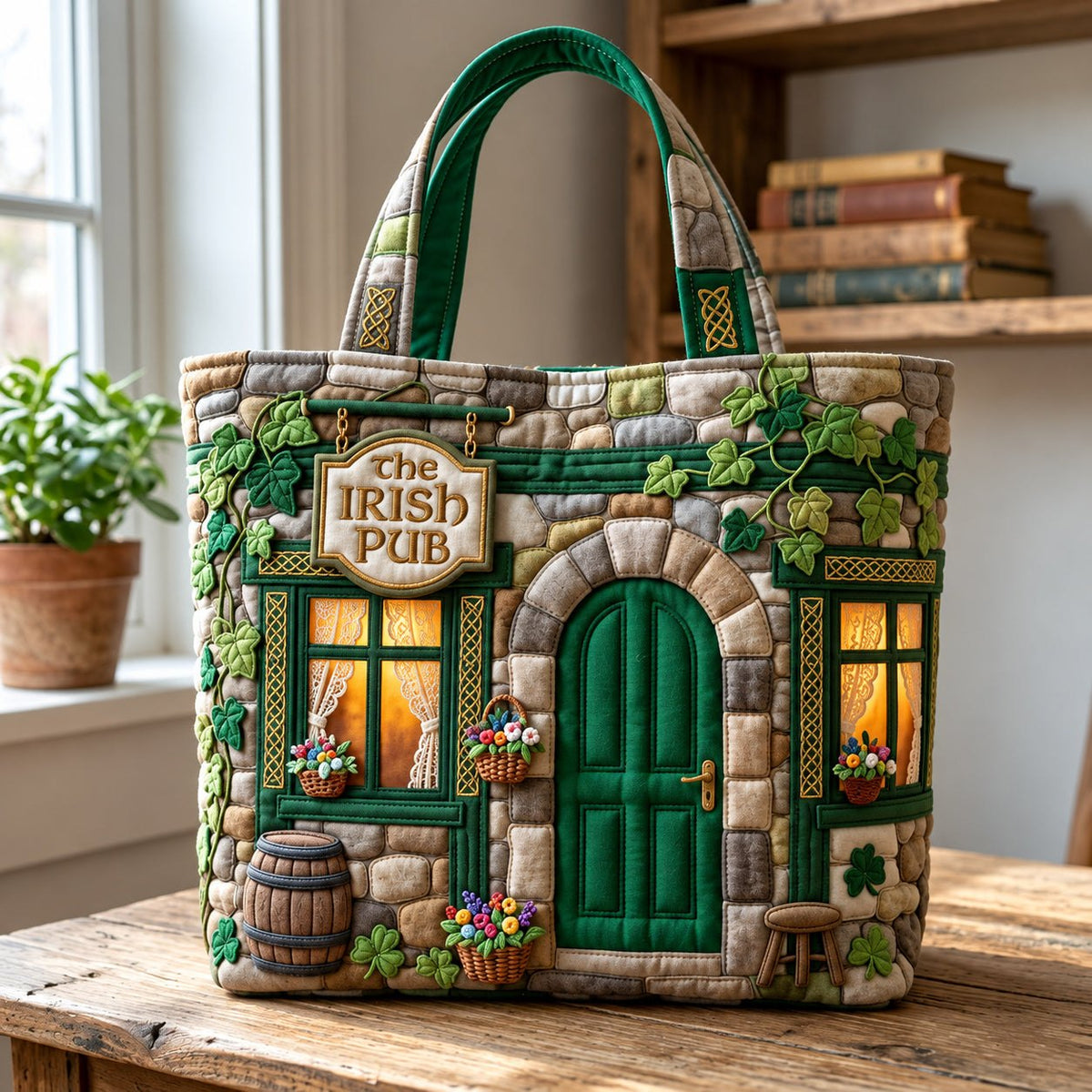 Stone Irish Pub Quilted Tote Bag printed tote bag