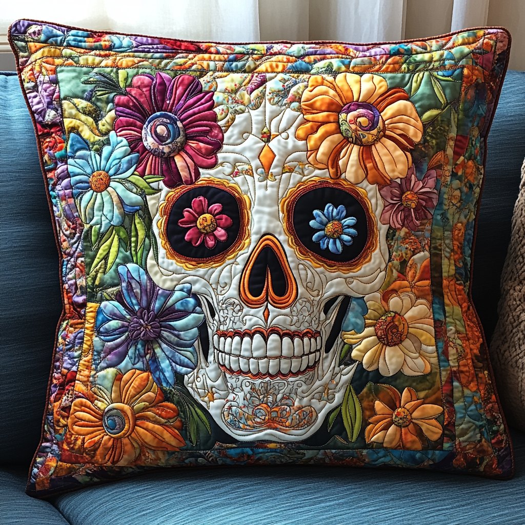 Sugar Skull Delight Quilted Cushion Cover printed cushion cover