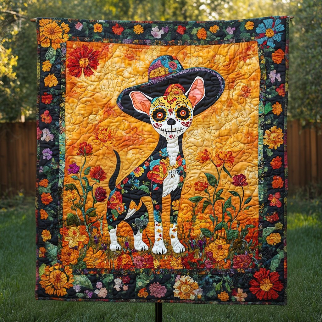 Sugar Skull Pup Quilted Blanket printed blanket