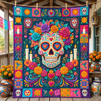Sugar Skull Roses And Candles Quilted Blanket printed blanket