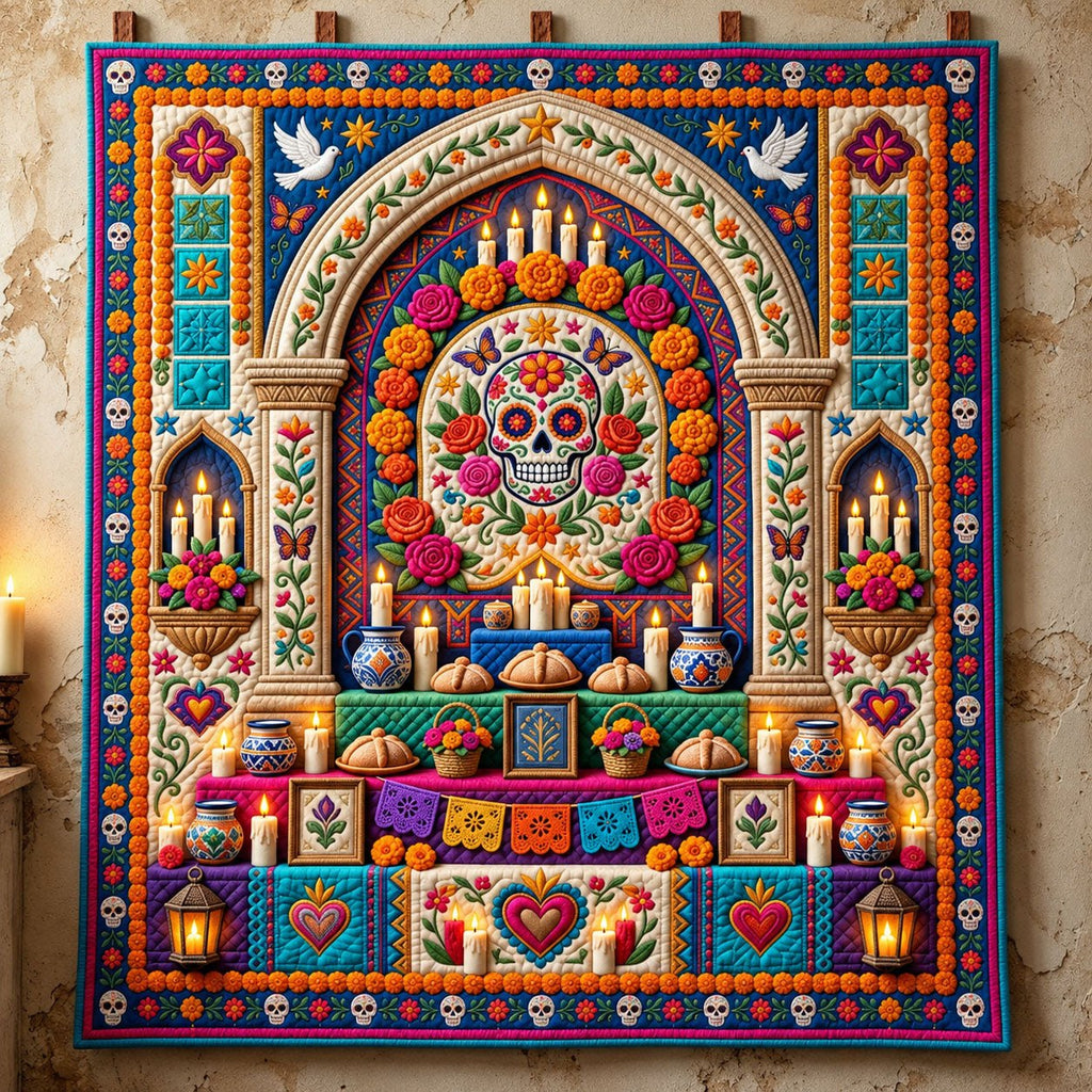 Sugar Skull Shrine Quilted Blanket printed blanket
