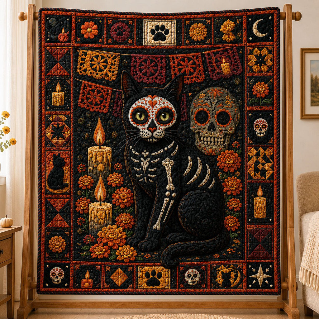 Sugar Skull Skeleton Cat Halloween Quilted Blanket printed blanket