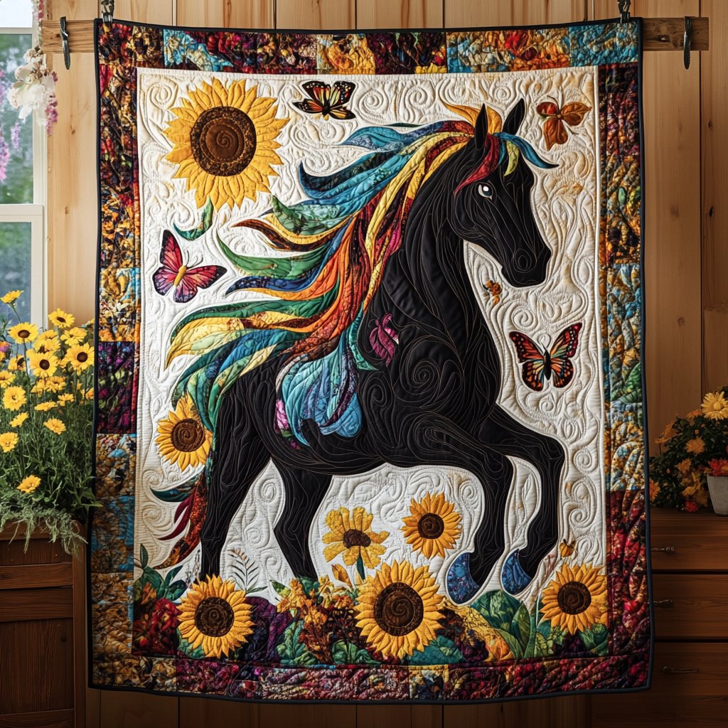 Sunflower Black Horse Quilted Blanket printed blanket