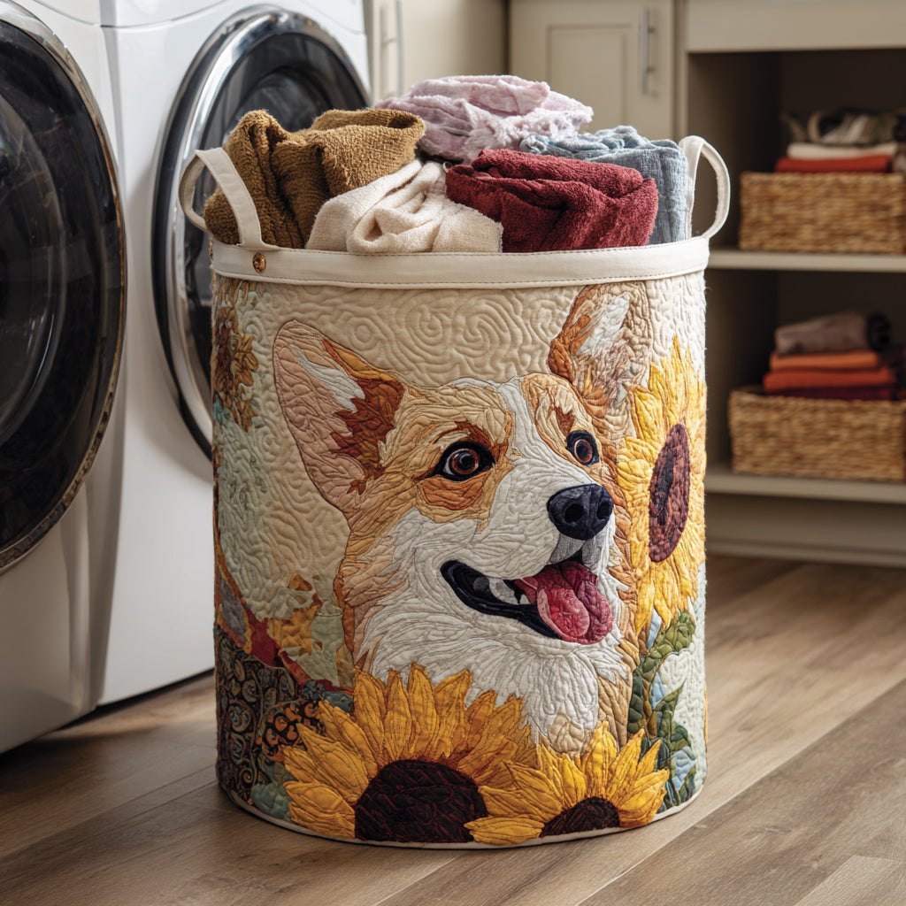 Sunflower Corgi Quilted Laundry Hamper printed laundry hamper