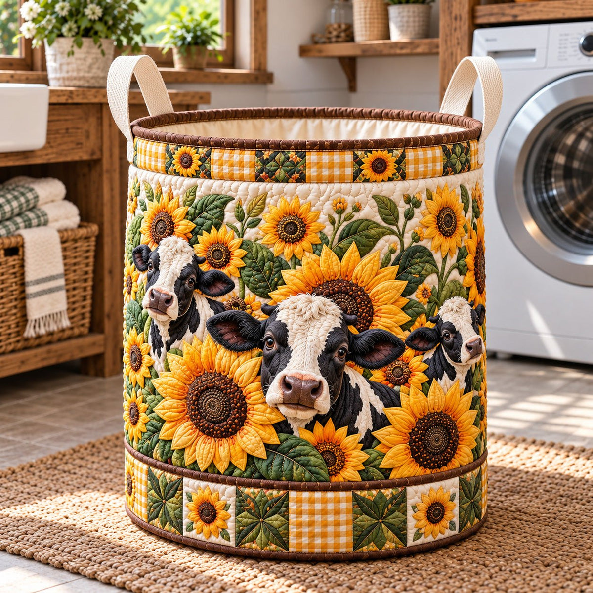 Sunflower Cow Trio Quilted Laundry Hamper printed laundry hamper