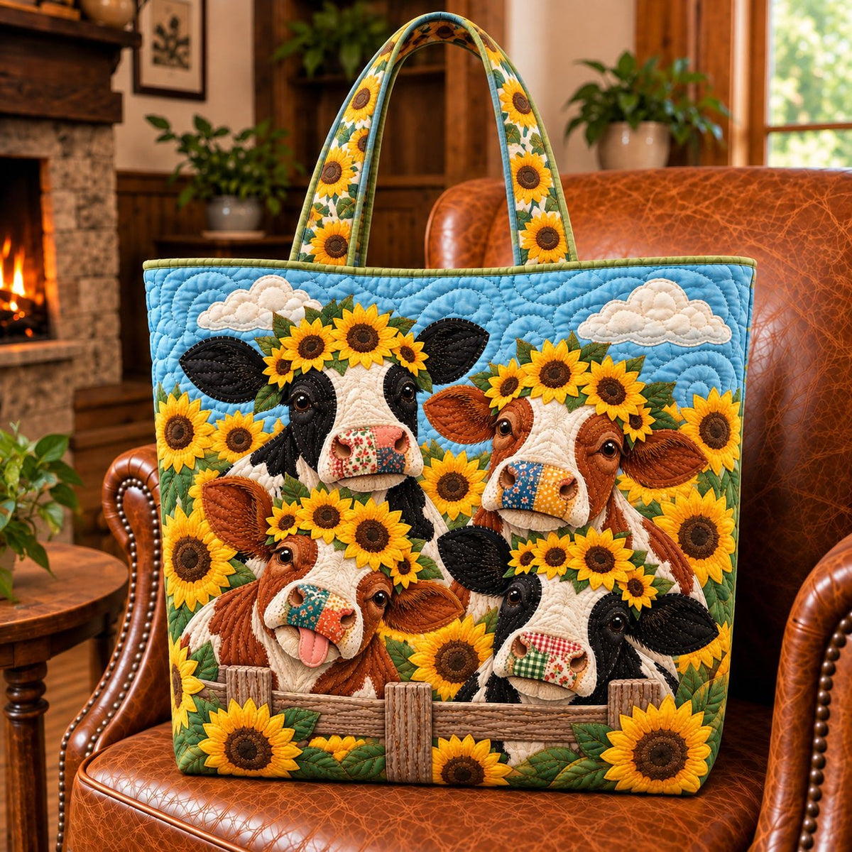 Sunflower Funky Cow Quilted Tote Bag printed tote bag