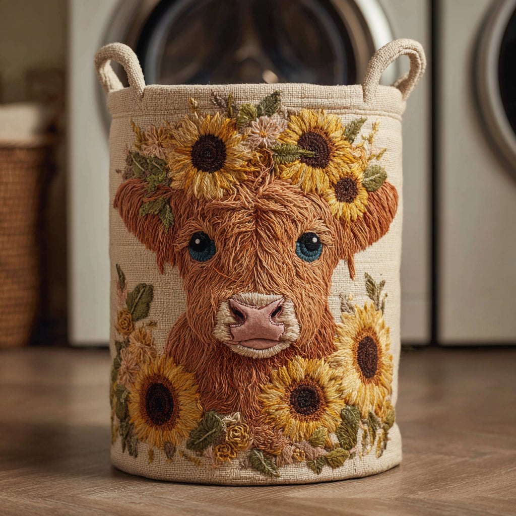 Sunflower Highland Cow Quilted Laundry Hamper printed laundry hamper