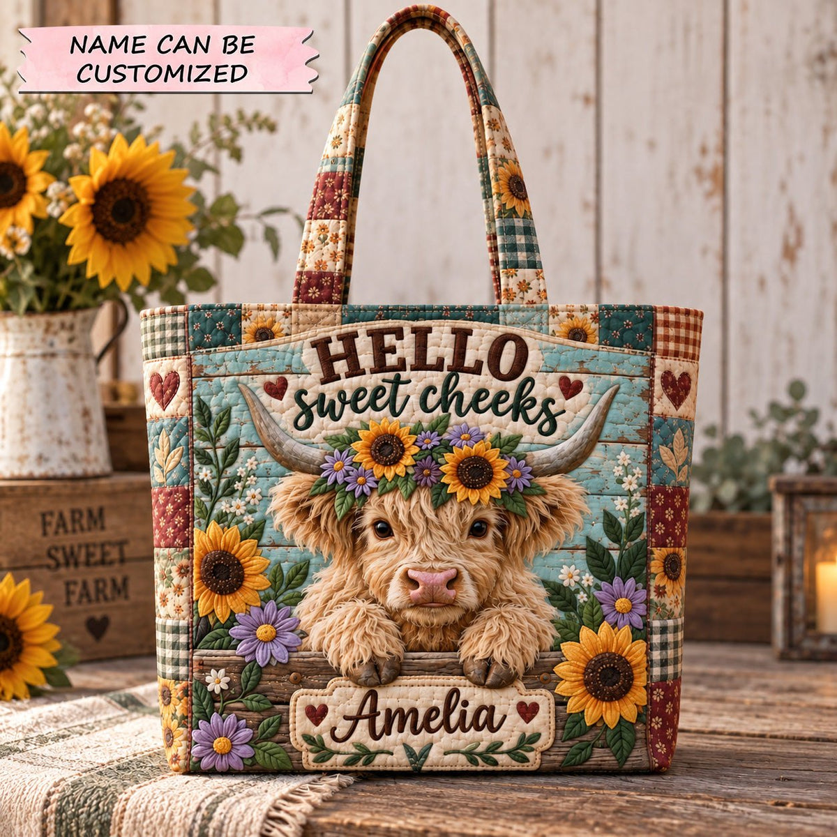 Sunflower Highland Cow Quilted Tote Bag QTCUZ printed tote bag
