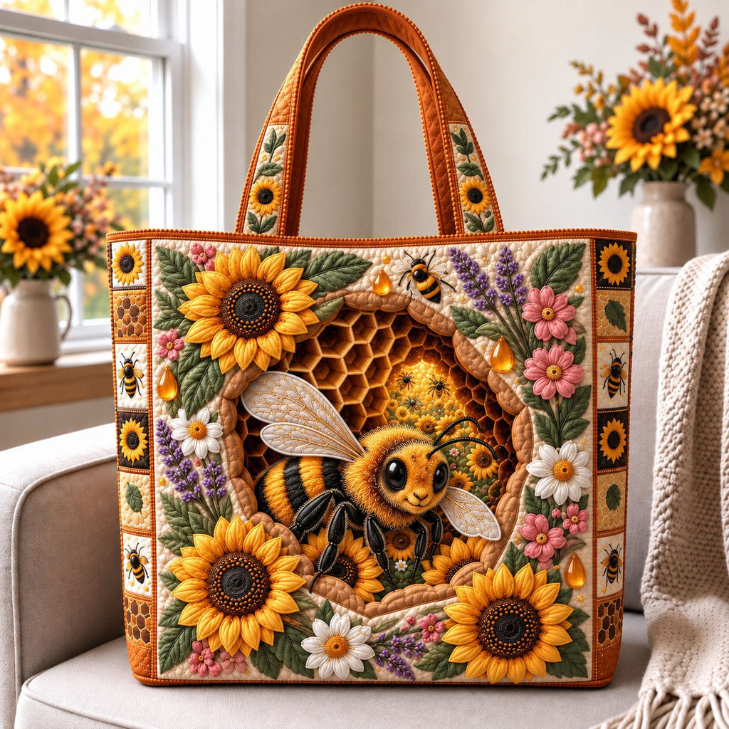 Sunflower Honey Bee Quilted Tote Bag printed tote bag