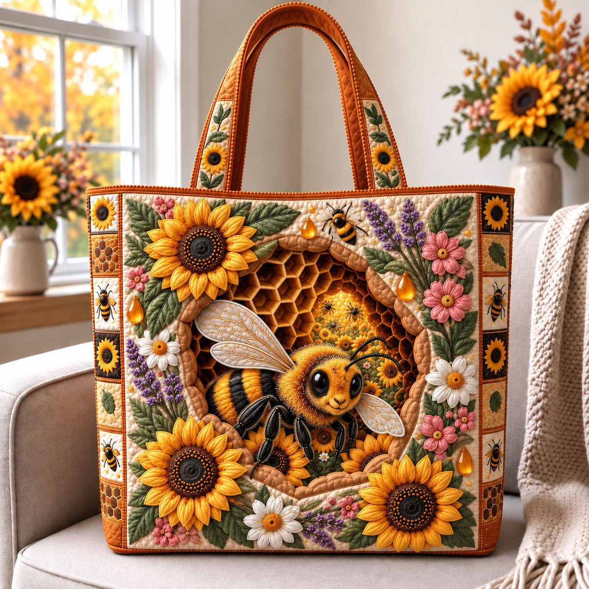 Sunflower Honey Bee Quilted Tote Bag printed tote bag