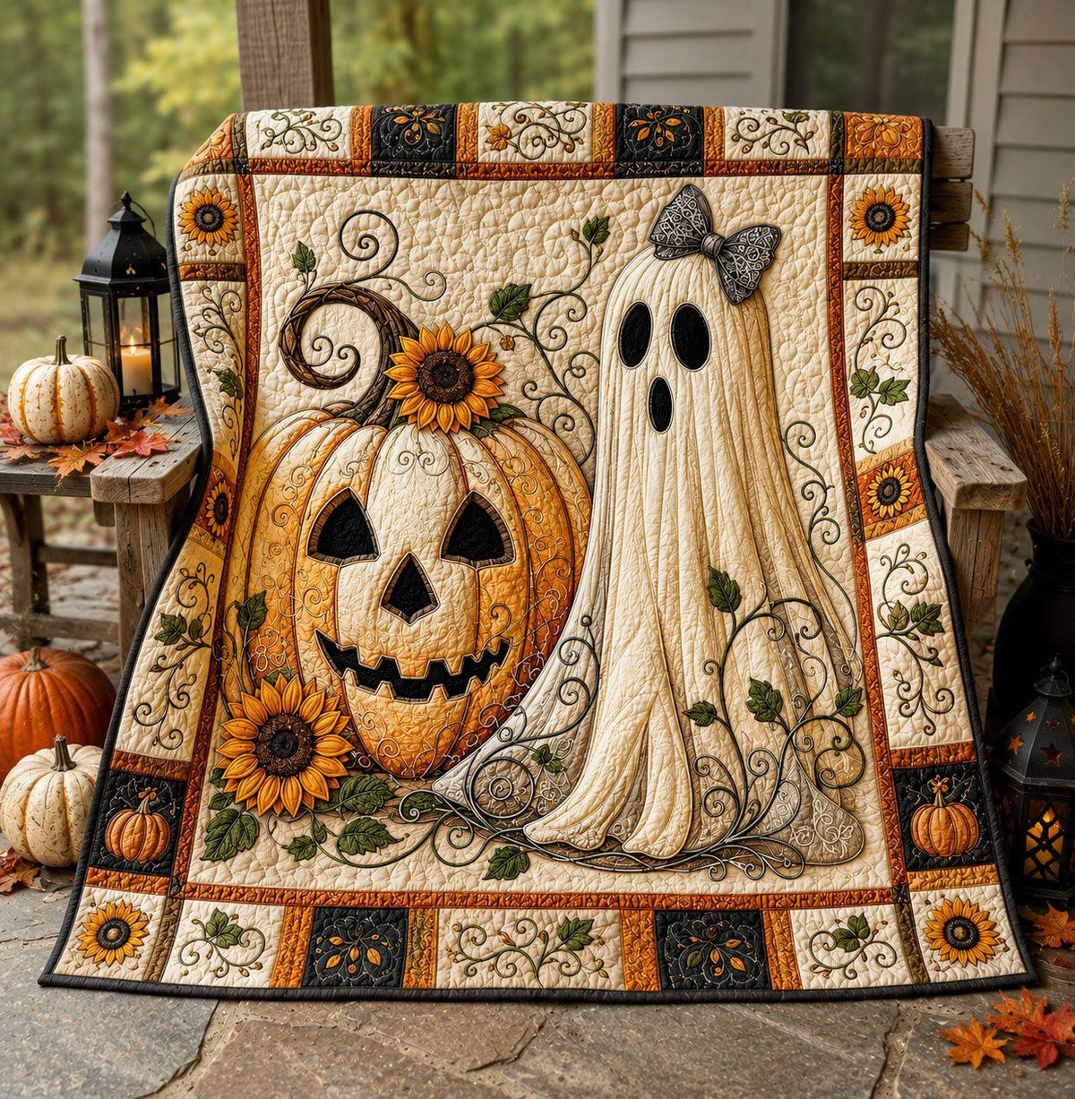 Sunflower Pumpkin Ghost Fall Quilted Blanket printed blanket