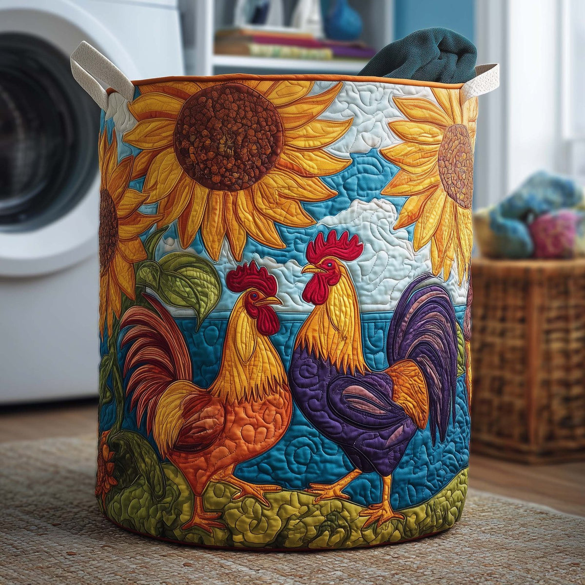 Sunflower Roosters Quilted Laundry Hamper printed laundry hamper