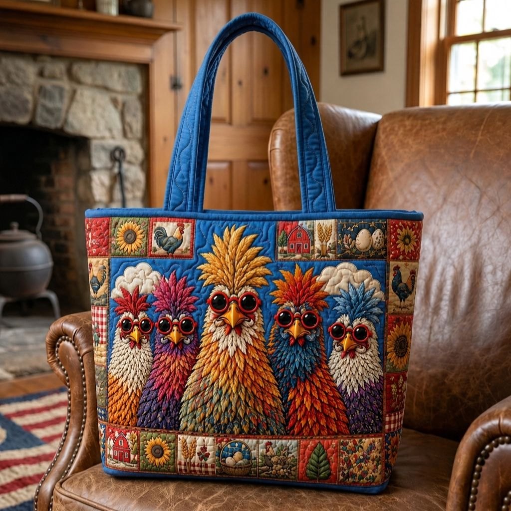 Sunny Chicken Farm Quilted Tote Bag printed tote bag