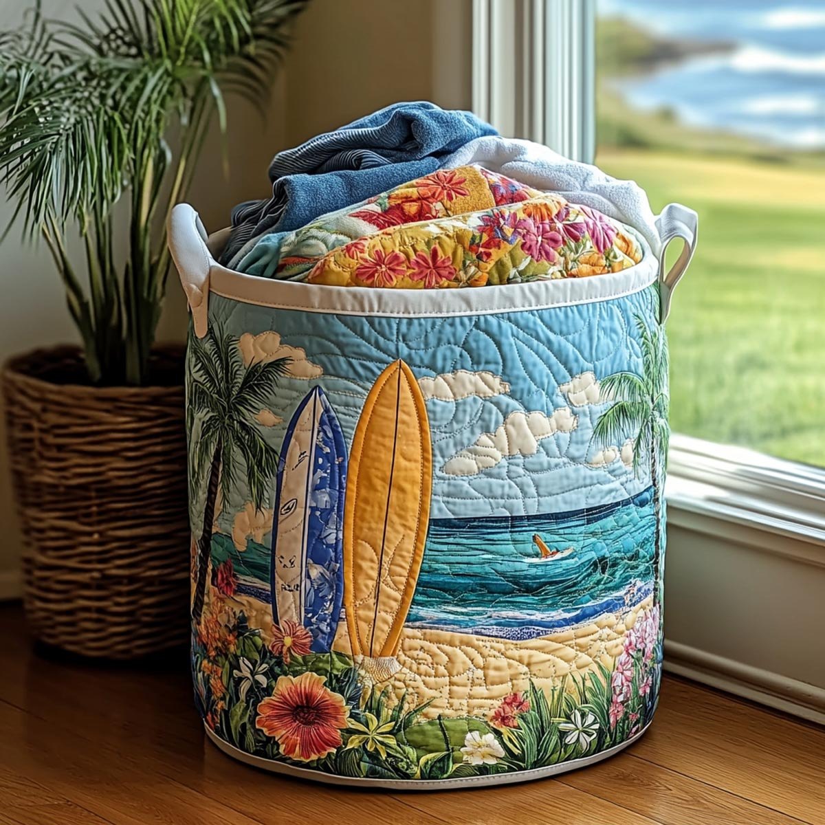 Sunny Shore Quilted Laundry Hamper printed laundry hamper