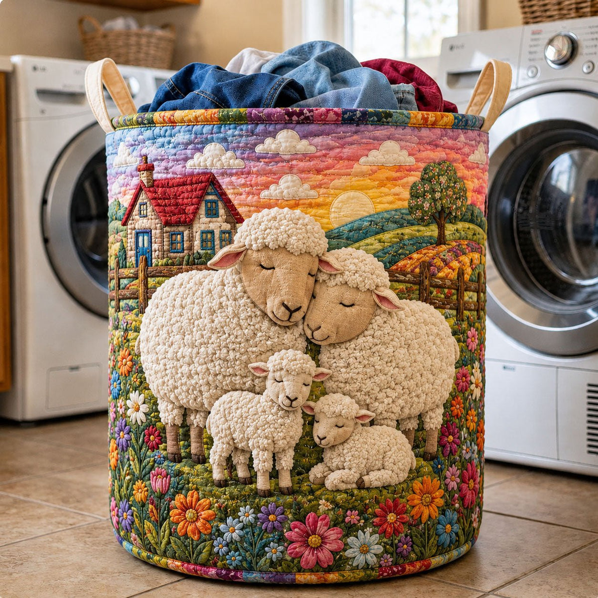 Sunset Sheep Family Cottage Quilted Laundry Hamper printed laundry hamper