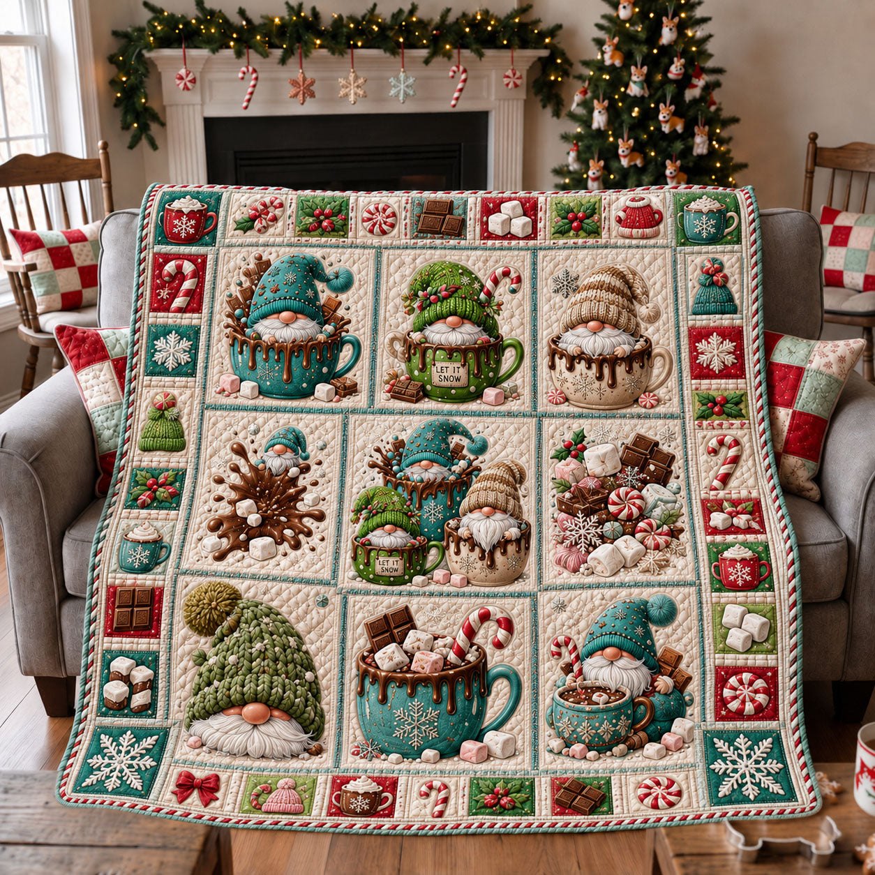 Sweet Gnome Hot Cocoa Patchwork Quilted Blanket printed quilt blanket