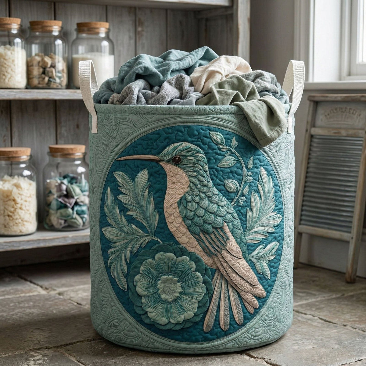 Teal Garden Quilted Laundry Hamper printed laundry hamper