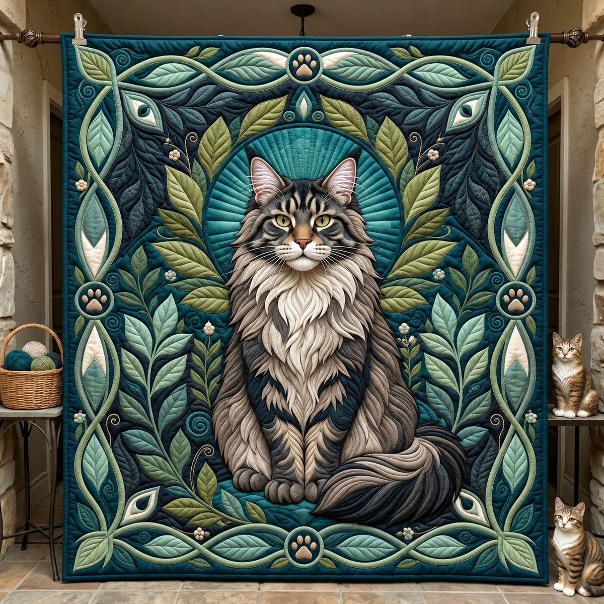 Teal Leaf Frame Forest Cat printed blanket