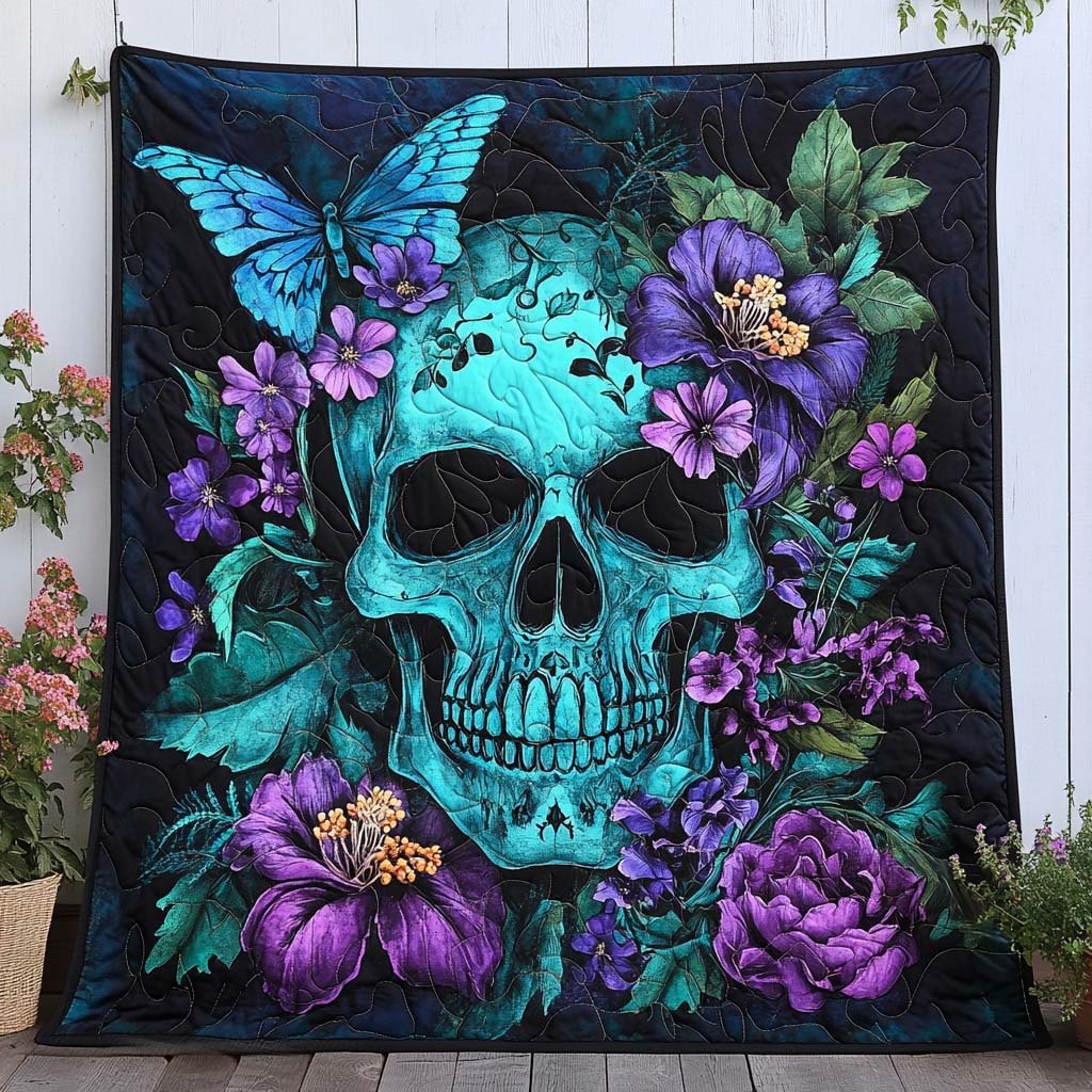 Teal Spirit Skull Quilted Blanket printed blanket