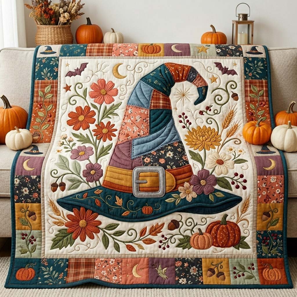 Teal Witch Hat Quilted Blanket printed blanket