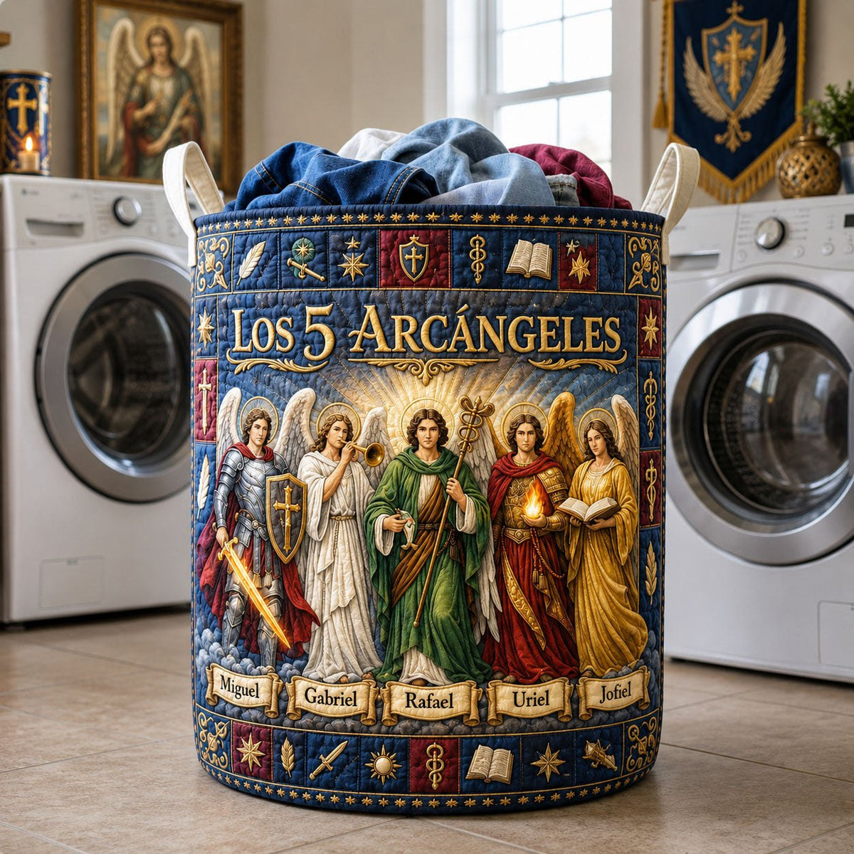The Five Archangels Quilted Laundry Hamper printed laundry hamper