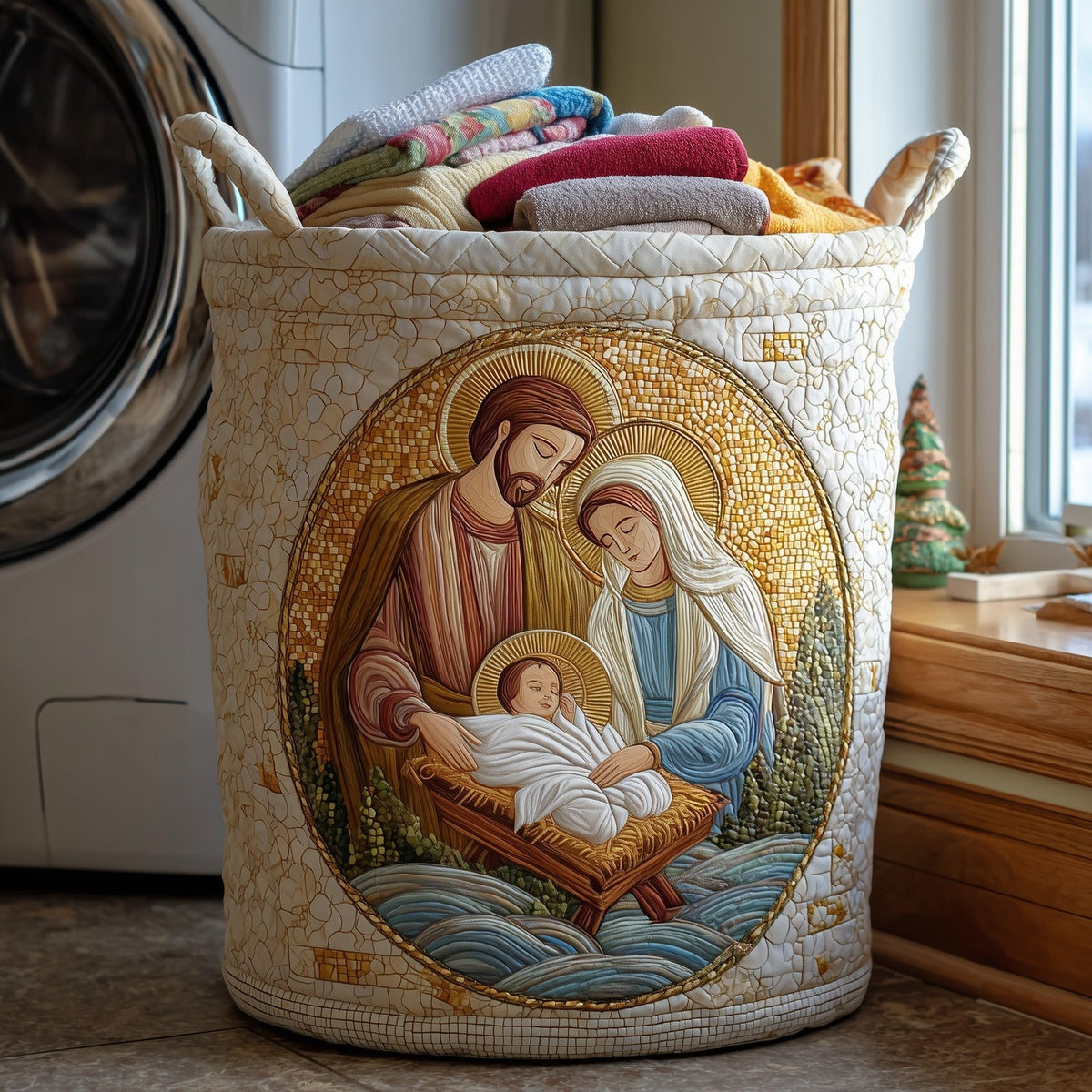 The Holy Family Quilted Laundry Hamper printed laundry hamper