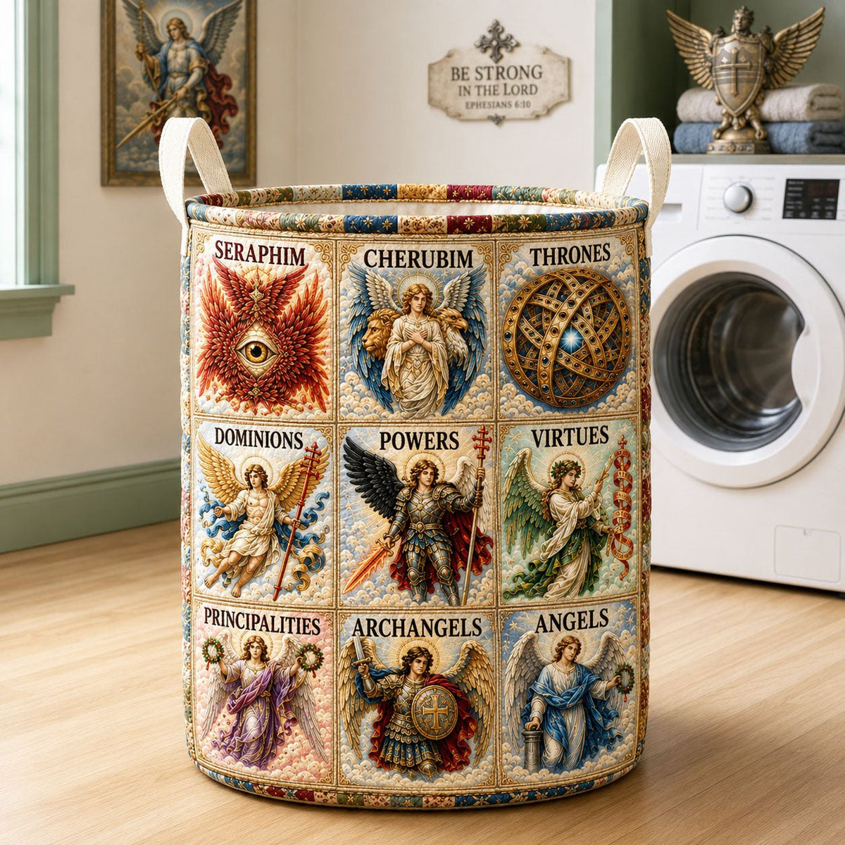 The Nine Choirs of Angels Quilted Laundry Hamper printed laundry hamper