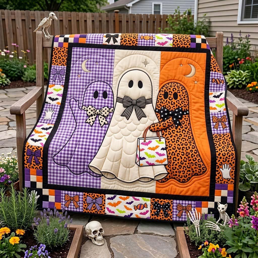Three Ghosts in Purple Cream and Leopard printed blanket