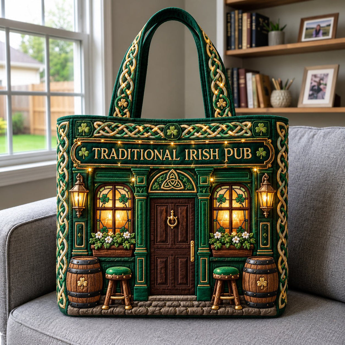 Traditional Irish Pub Quilted Tote Bag printed tote bag