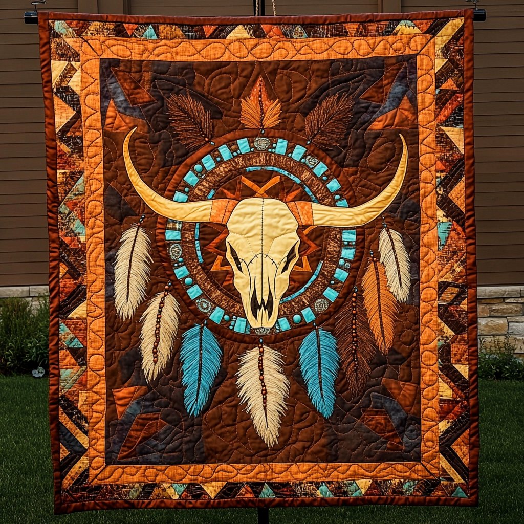 Tribal Sunburst Skull Quilted Blanket printed blanket