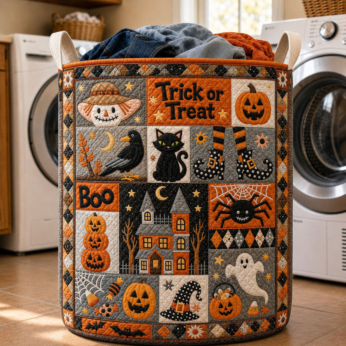 Trick Or Treat Sampler Quilted Laundry Hamper printed laundry hamper