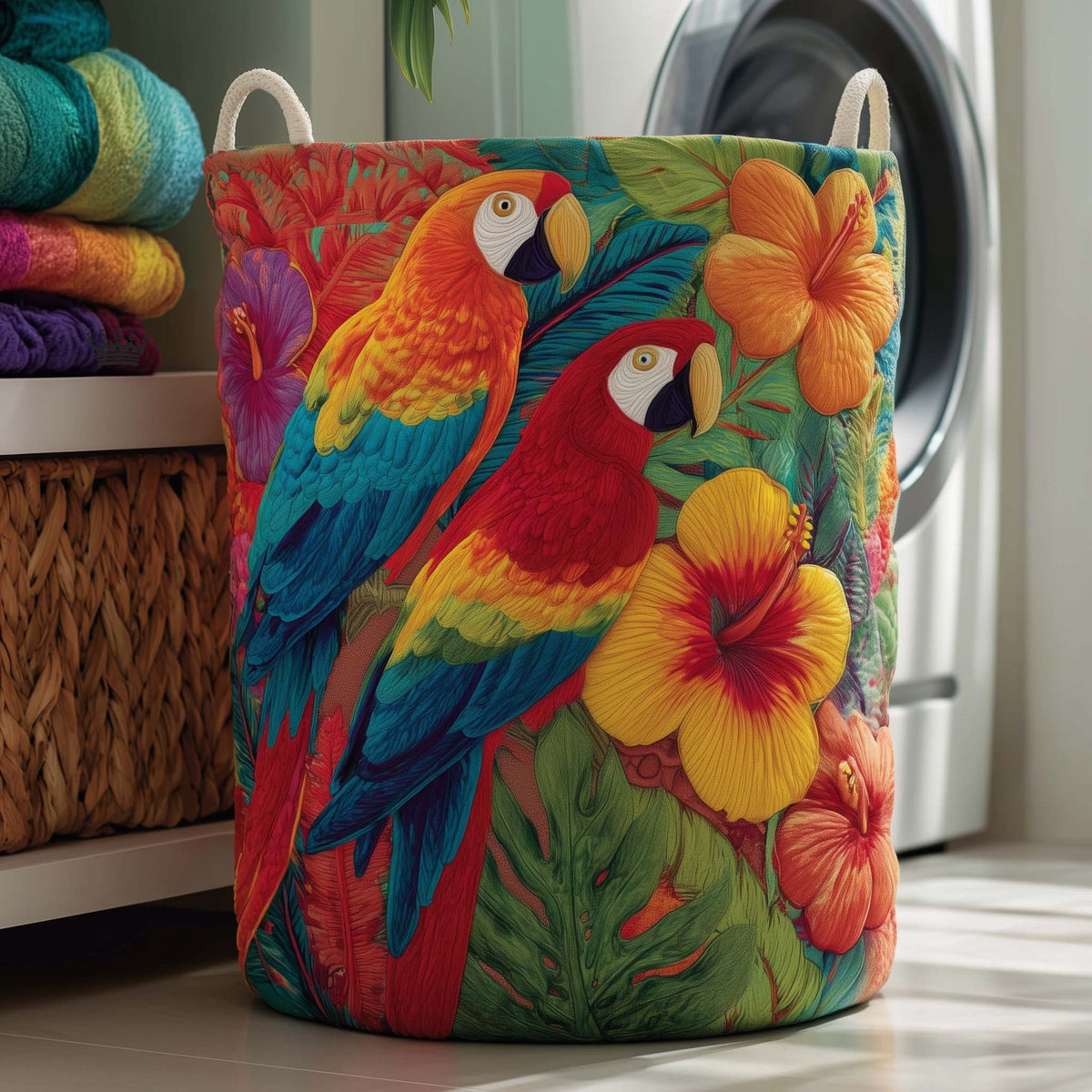 Tropical Parrots Quilted Laundry Hamper printed laundry hamper