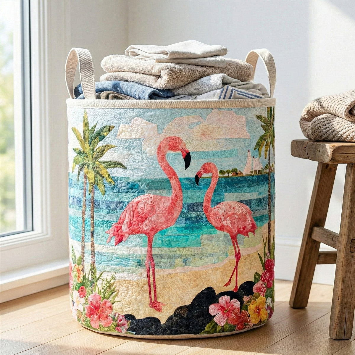 Tropical Patchwork Quilted Laundry Hamper printed laundry hamper