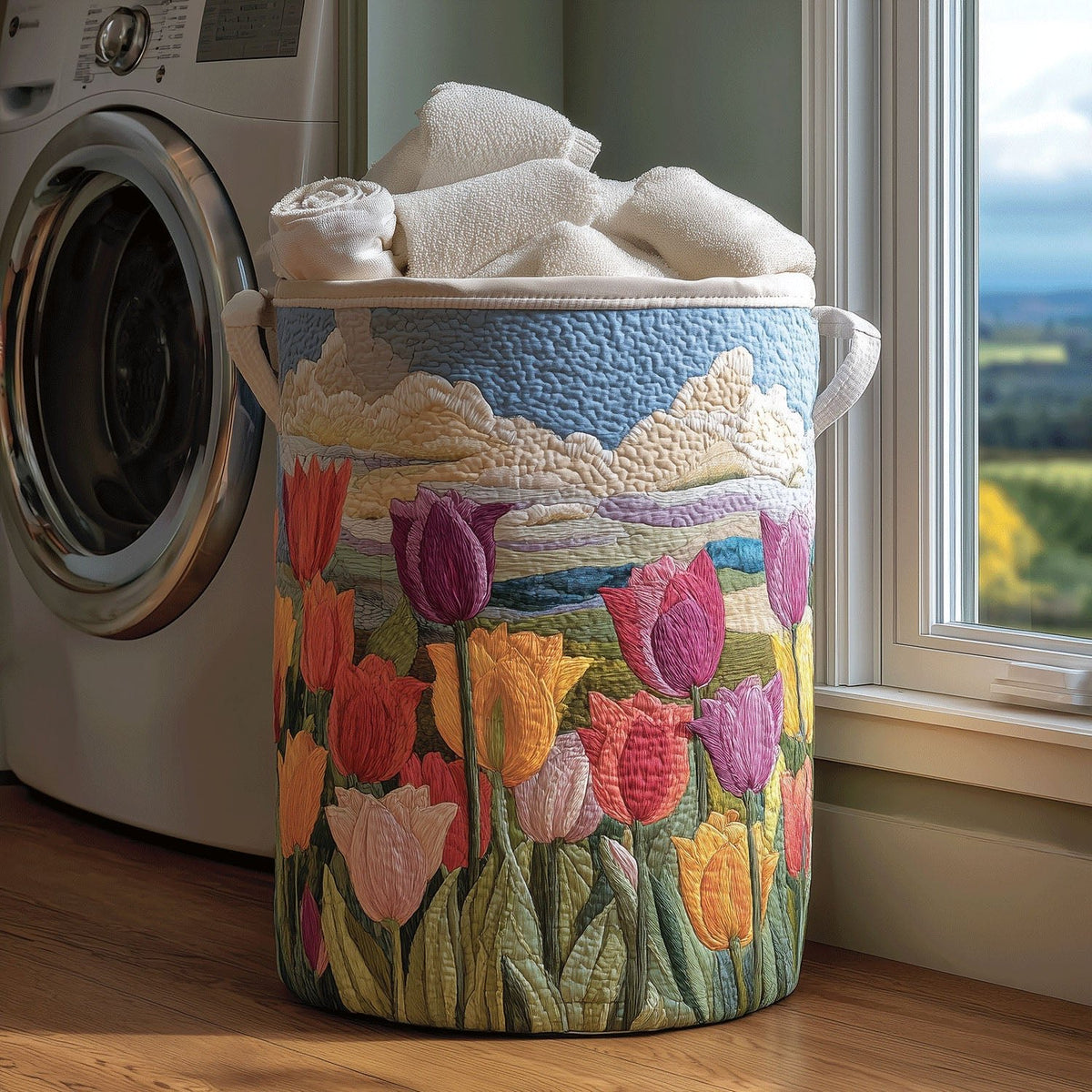 Tulip Field Quilted Laundry Hamper printed laundry hamper