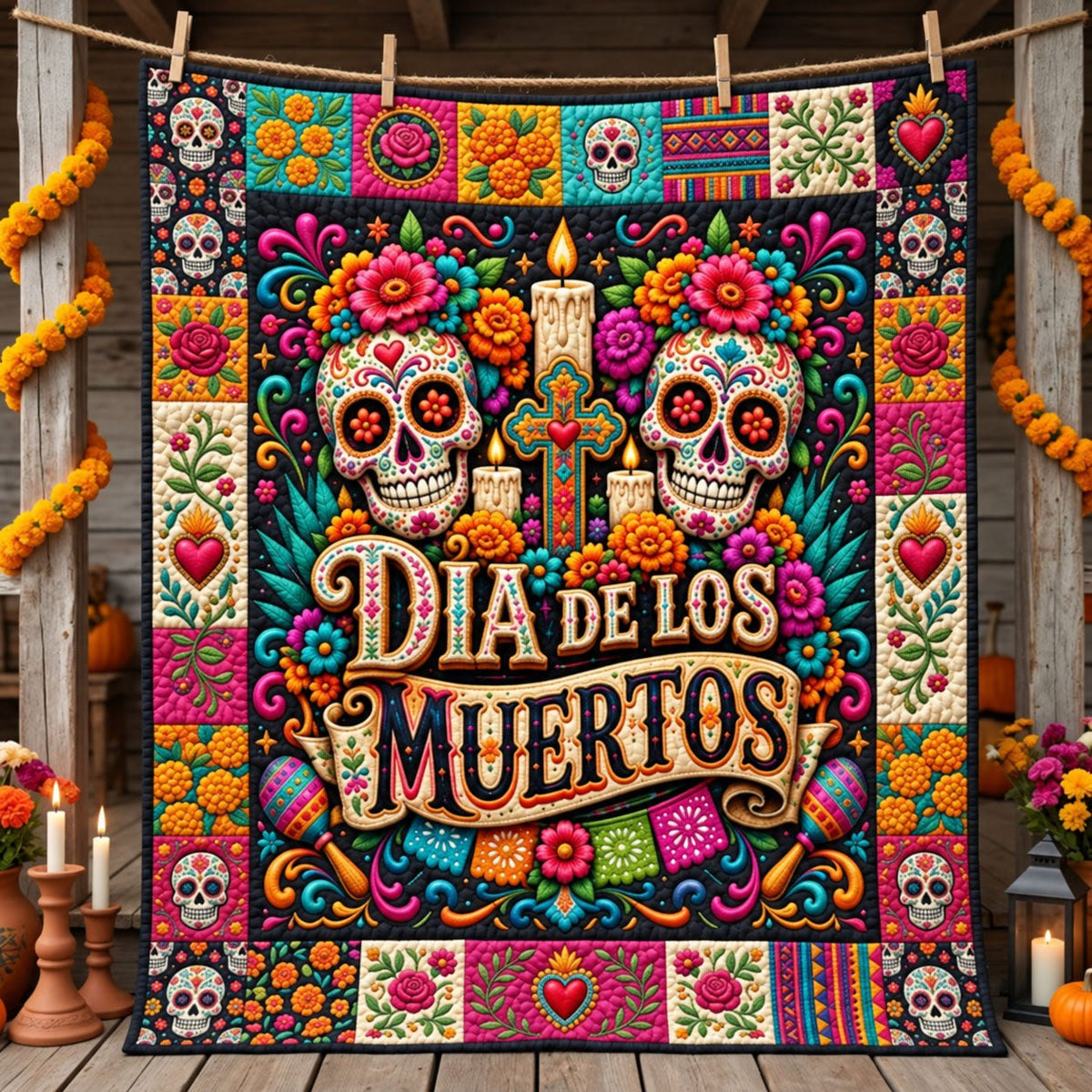 Twin Sugar Skulls Day Of The Dead Quilted Blanket printed blanket