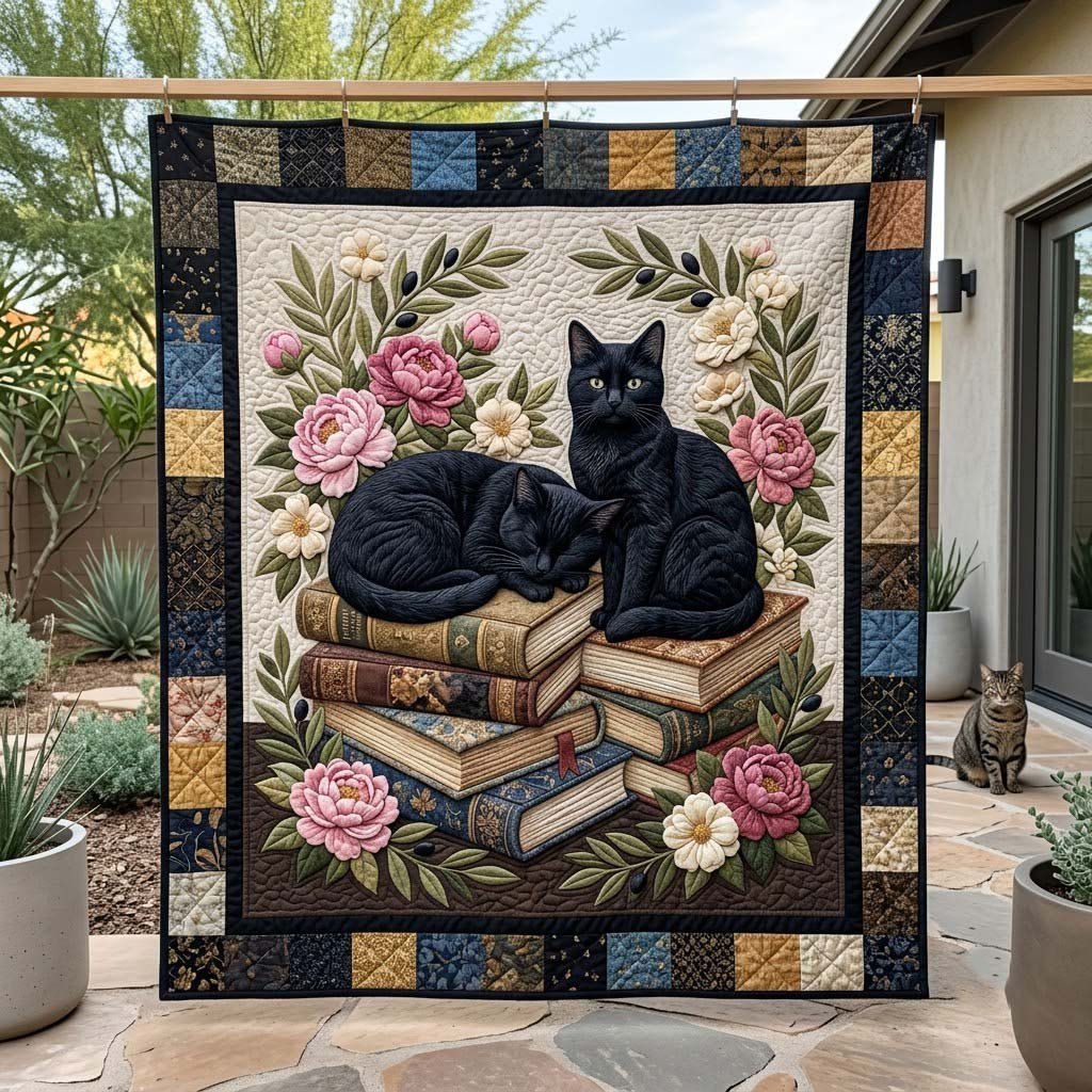 Two Black Cats on the Book Stack printed blanket