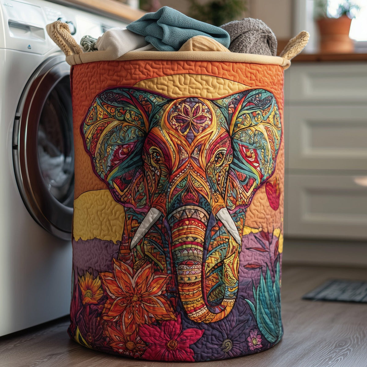 Vibrant Elephant Quilted Laundry Hamper printed laundry hamper