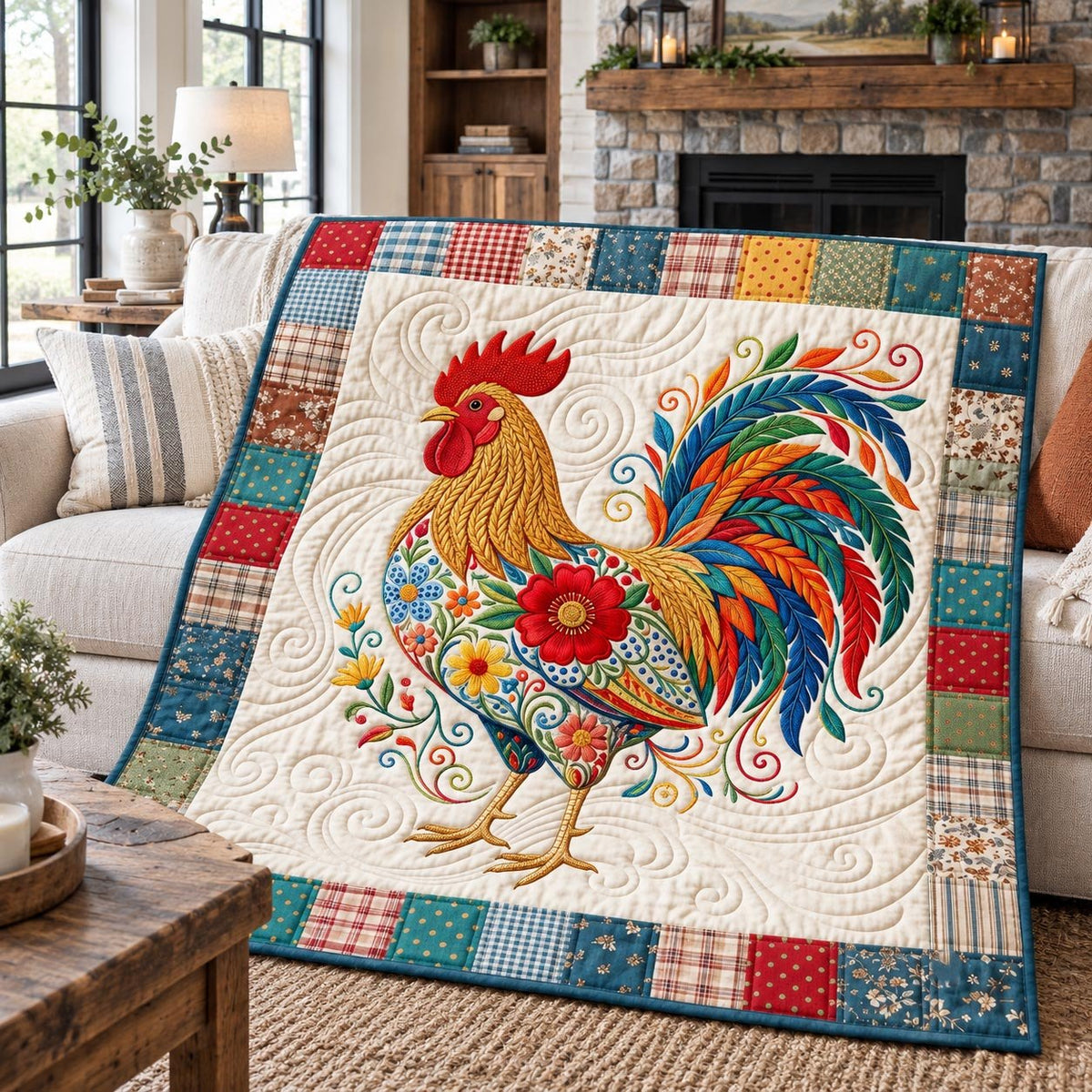 Vibrant Folk Rooster Quilted Blanket printed blanket