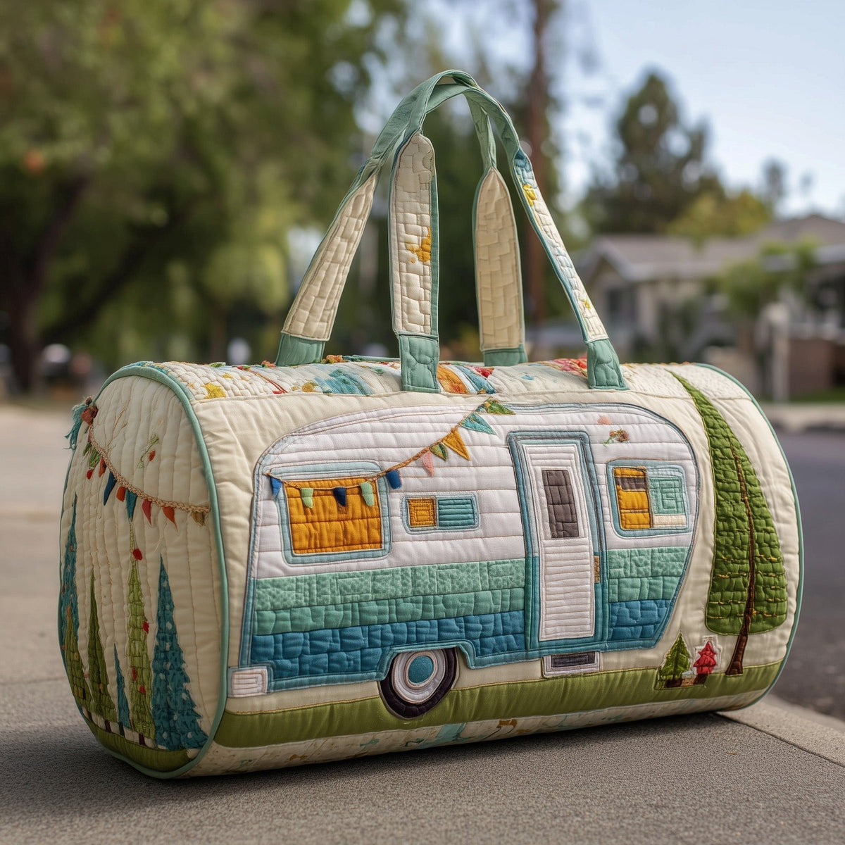 Vintage Camping Trailer Quilted Duffle Bag printed duffle bag