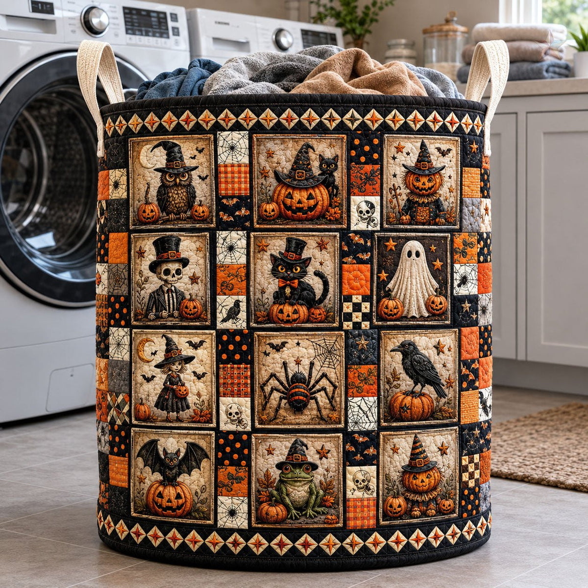 Vintage Halloween Character Patchwork Quilted Laundry Hamper printed laundry hamper