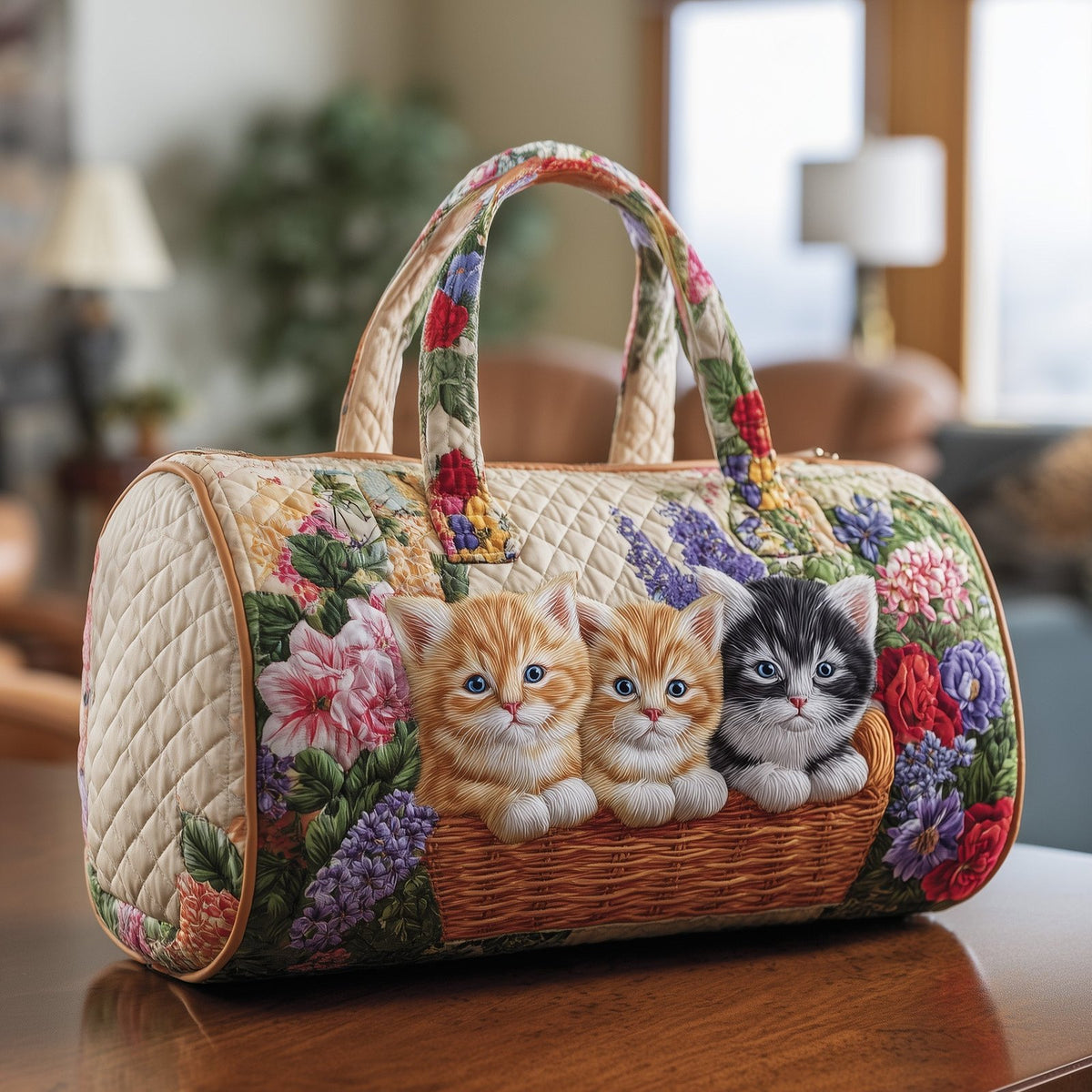 Vintage Meow Bouquet Quilted Duffle Bag printed duffle bag