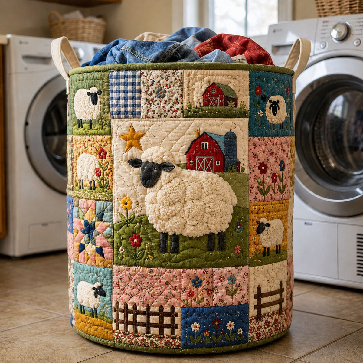 Vintage Patchwork Farm Sheep Quilted Laundry Hamper printed laundry hamper