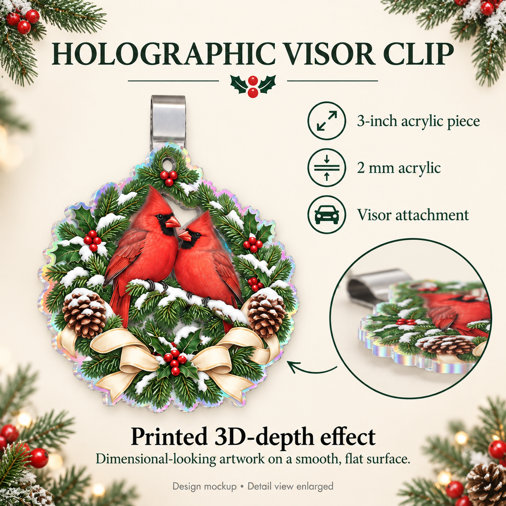 Product construction and size guide; example artwork illustrates the printed depth effect on flat acrylic.