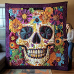 Vivid Floral Skull Quilted Blanket printed blanket