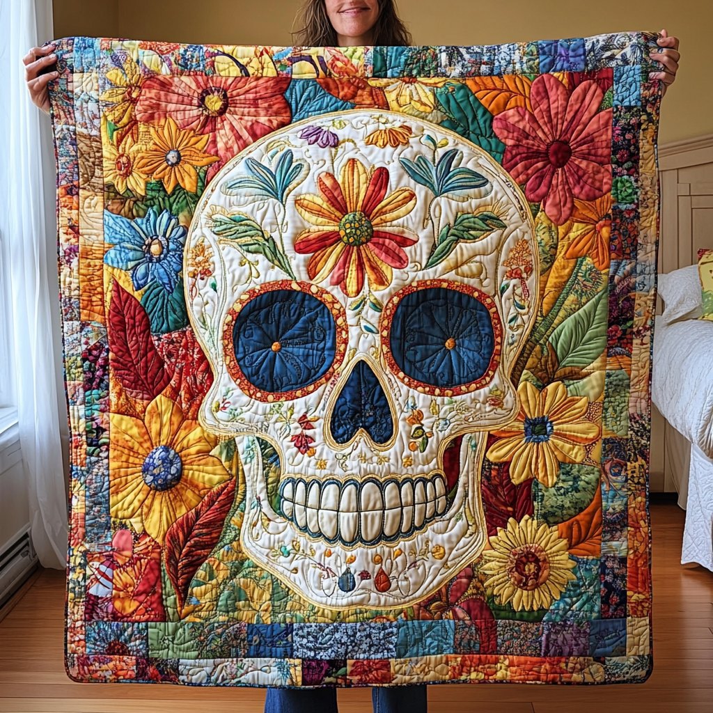 Vivid Floral Skull Quilted Blanket printed blanket