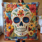 Vivid Floral Skull Quilted Blanket printed blanket
