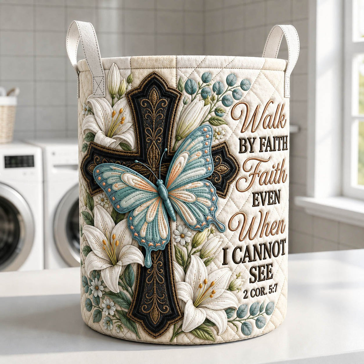 Walk By Faith Quilted Laundry Hamper printed laundry hamper